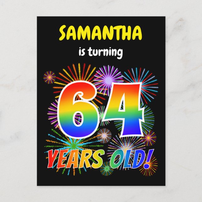 64th Birthday - Fun Fireworks, Rainbow Look "64" Postcard (Front)