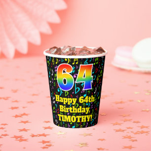 64th Birthday: Fun Music Notes Pattern, Rainbow 64 Paper Cups