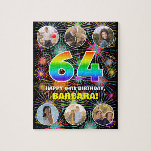 64th Birthday: Fun Rainbow #, Custom Name + Photos Jigsaw Puzzle