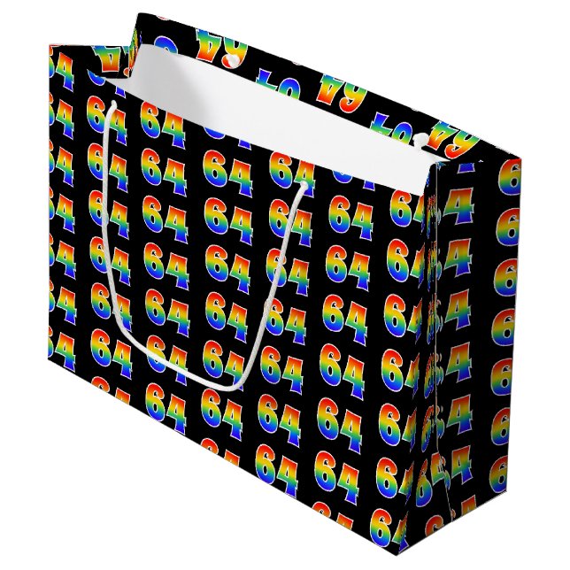 64th Birthday: Fun Rainbow Event Number 64 Pattern Large Gift Bag (Front Angled)