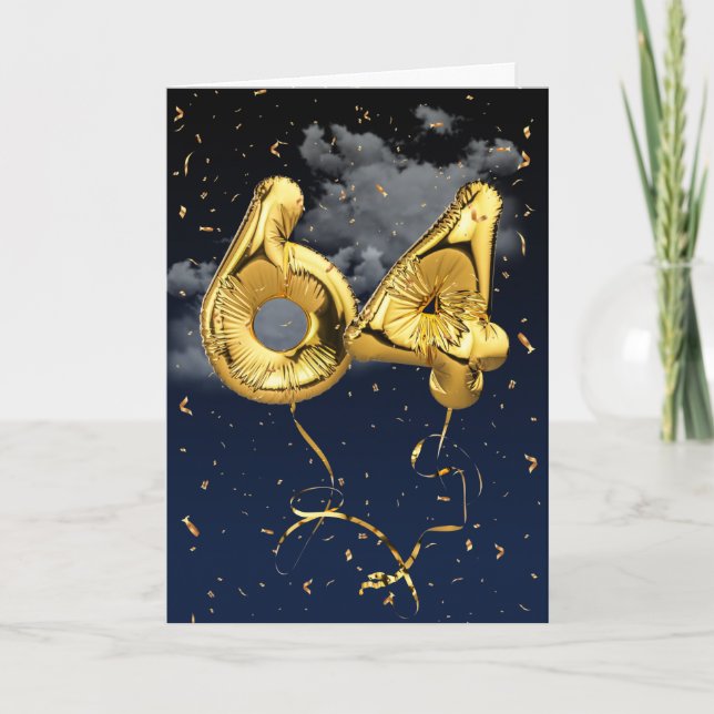 64th Birthday Gold Mylar Balloon and Confetti Card (Front)