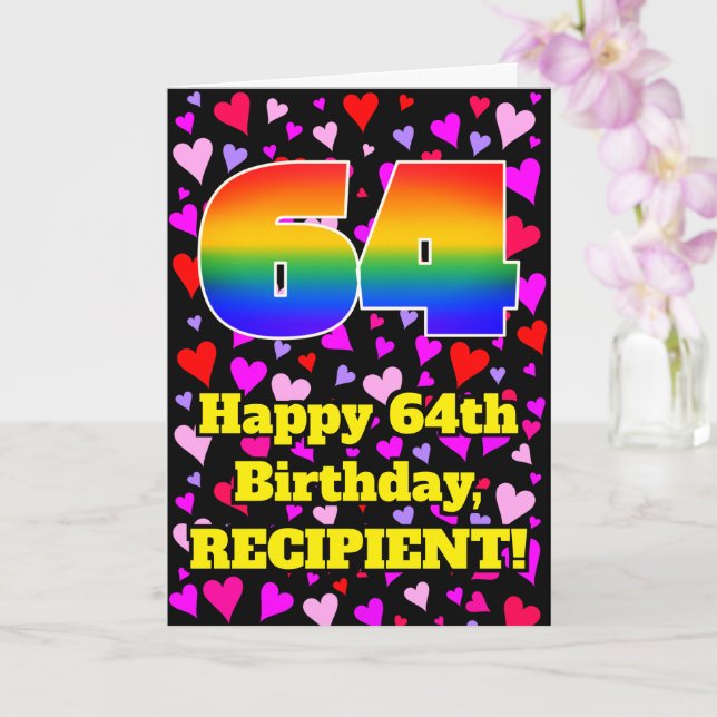 64th Birthday: Loving Hearts Pattern, Rainbow # 64 Card (Orchid)