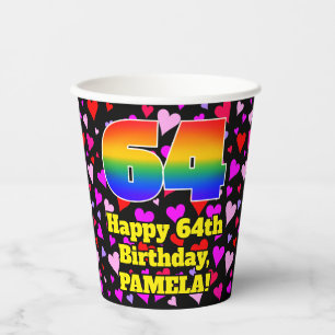 64th Birthday: Loving Hearts Pattern, Rainbow 64 Paper Cups