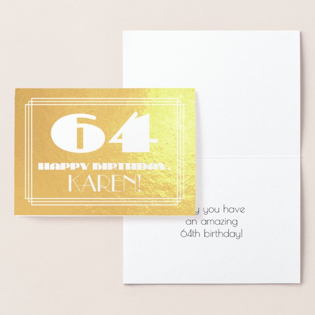 64th Birthday: Name + Art Deco Inspired Look "64" Foil Card (Display)