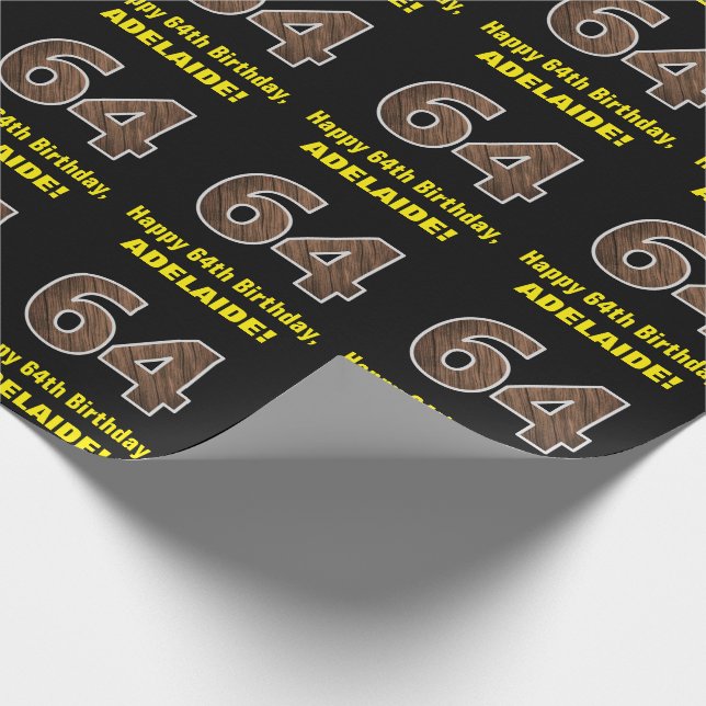 64th Birthday: Name & Faux Wood Grain Pattern "64" Wrapping Paper (Corner)