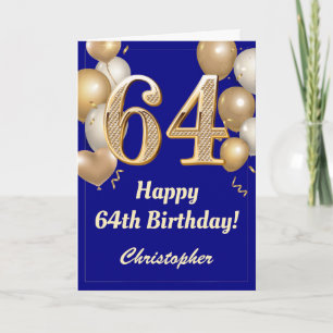 64th Birthday Navy Blue and Gold Balloons Confetti Card