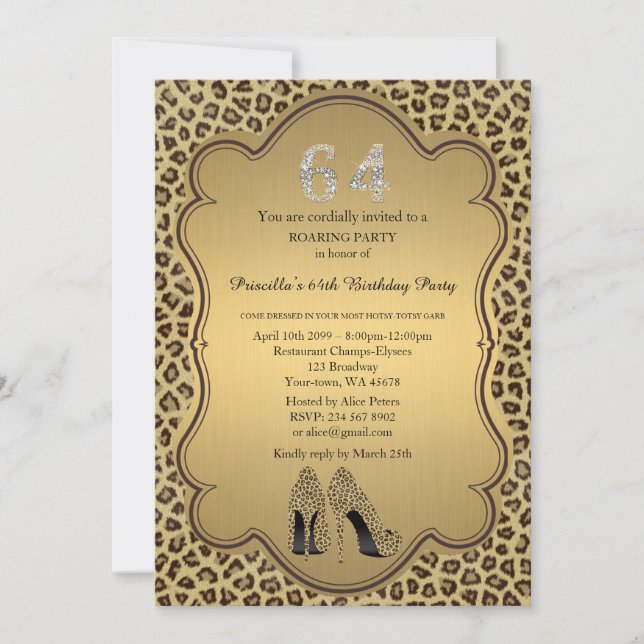 64th,Birthday Party 64th,Cheetah High Heels Shoes Invitation (Front)