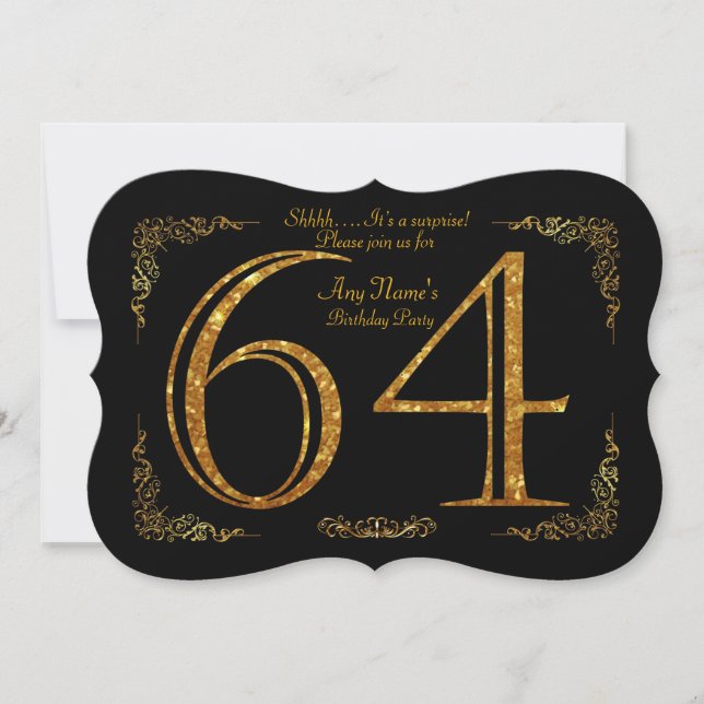 64th,Birthday party 64th,great Gatsby,black & gold Invitation (Front)