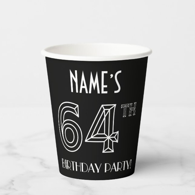 64th Birthday Party: Art Deco Style + Custom Name Paper Cups (Front)