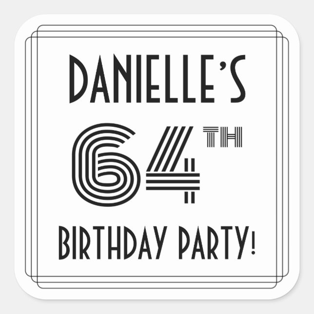 64th Birthday Party: Art Deco Style + Custom Name Square Sticker (Front)