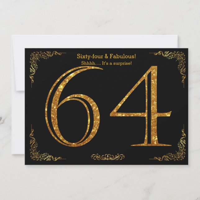 64th Birthday party,Gatsby styl,black gold glitter Invitation (Front)