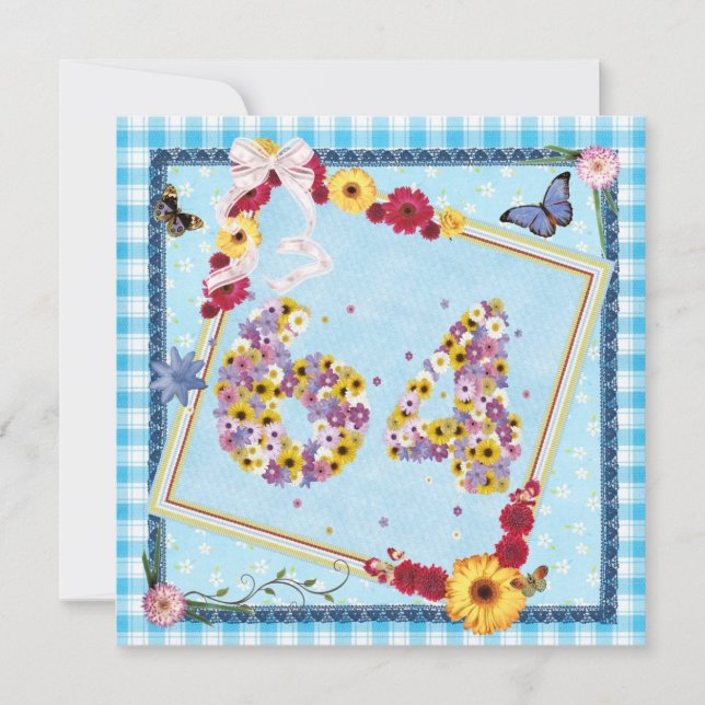 64th Birthday party Invitation flowers,butterflies (Front)