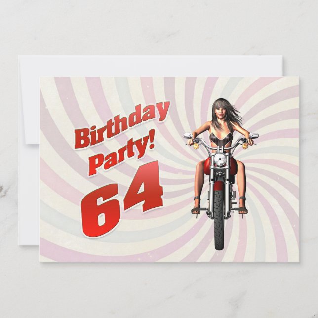 64th birthday party with a girl on a motorbike invitation (Front)