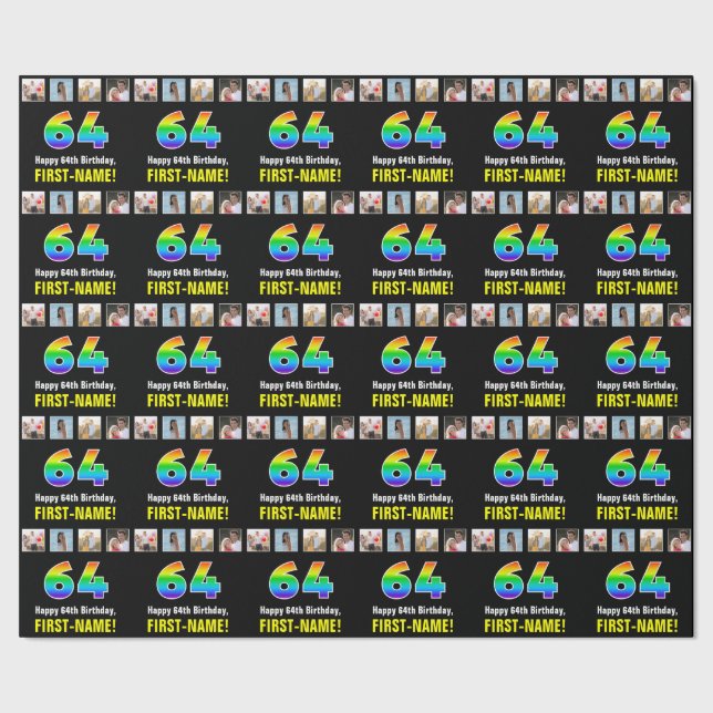 64th Birthday: Rainbow “64“; Custom Photos & Name Wrapping Paper (Seam)