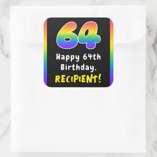 64th Birthday: Rainbow Spectrum # 64, Custom Name Square Sticker (Bag)