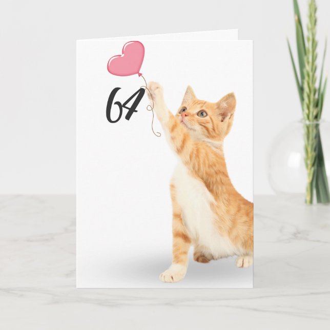 64th birthday tabby cat with heart balloon card (Front)