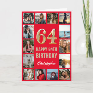 64th Happy Birthday Red and Gold Photo Collage Card