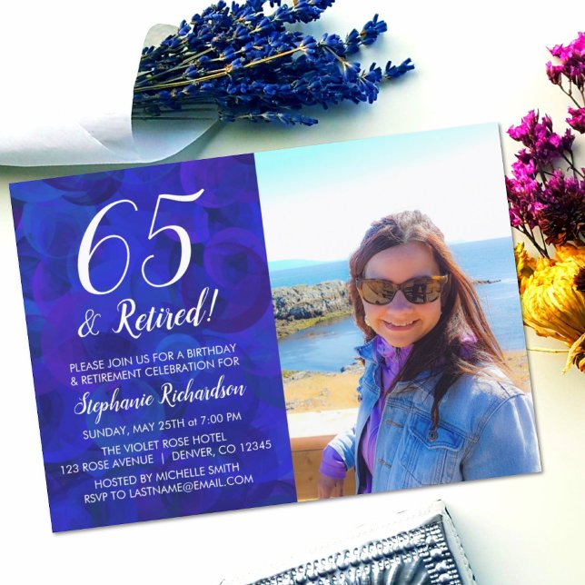 65 and Retired Blue Photo Birthday Retirement Invitation (Creator Uploaded)