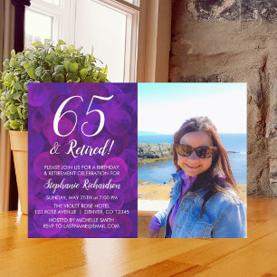 65 and Retired Elegant Purple Birthday Retirement Invitation