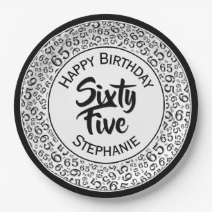 65 Birthday Cool Random Number Pattern Black/White Paper Plate
