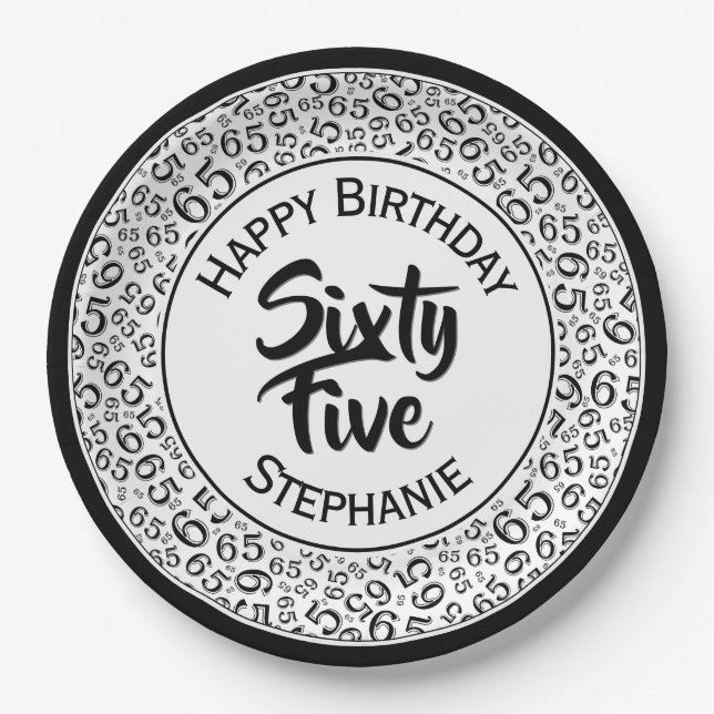 65 Birthday Cool Random Number Pattern Black/White Paper Plate (Front)