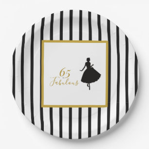 65 & Fabulous Black and Gold Birthday Party Paper Plate