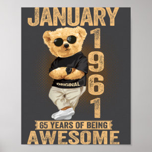 65 Year Old January 1961 Teddy Bear 65th Birthday Poster