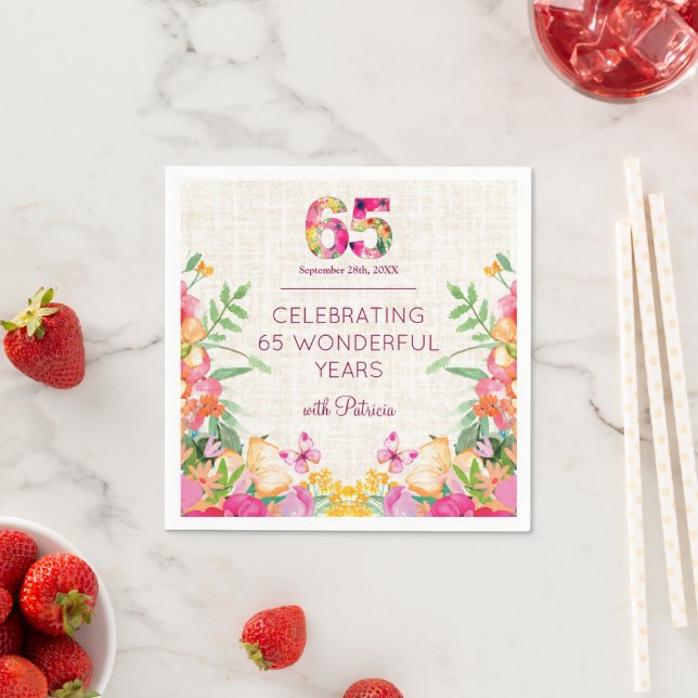 65 Years Flowers Floral Linen 65th Birthday Napkin (Insitu)