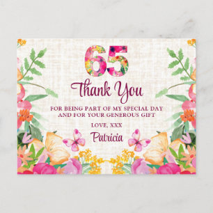 65 Years Flowers Floral Linen 65th Birthday Thanks Postcard