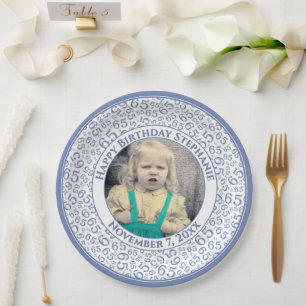 65 Your Photo Random Number Pattern Blue/White Paper Plate