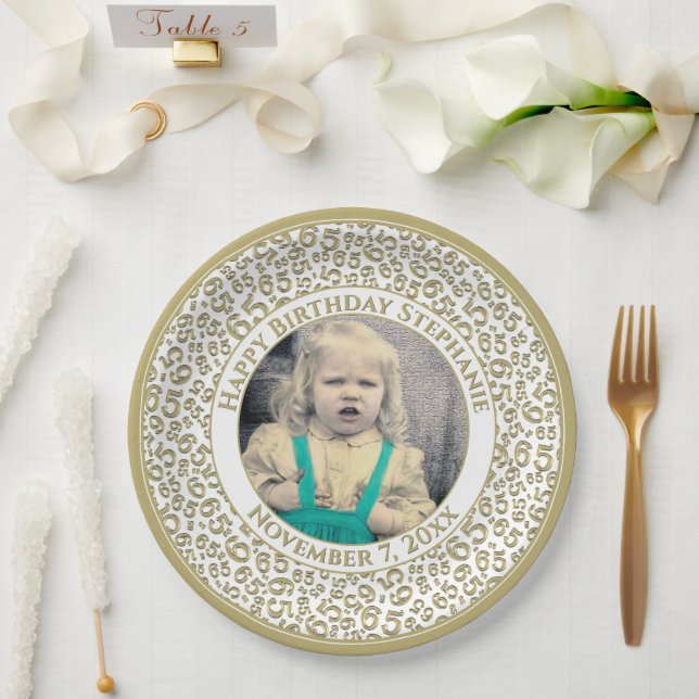 65 Your Photo Random Number Pattern Gold/White Paper Plate (Wedding)