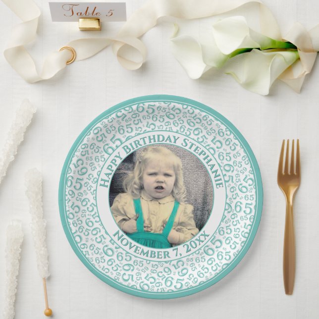 65 Your Photo Random Number Pattern Teal/White Paper Plate (Wedding)