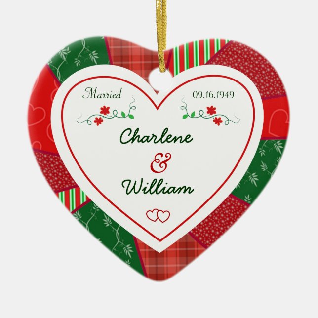 65th Anniversary Christmas Quilt Heart Gift Ceramic Tree Decoration (Front)
