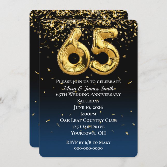 65th Anniversary Gold Balloons & Confetti  Invitation (Front/Back)
