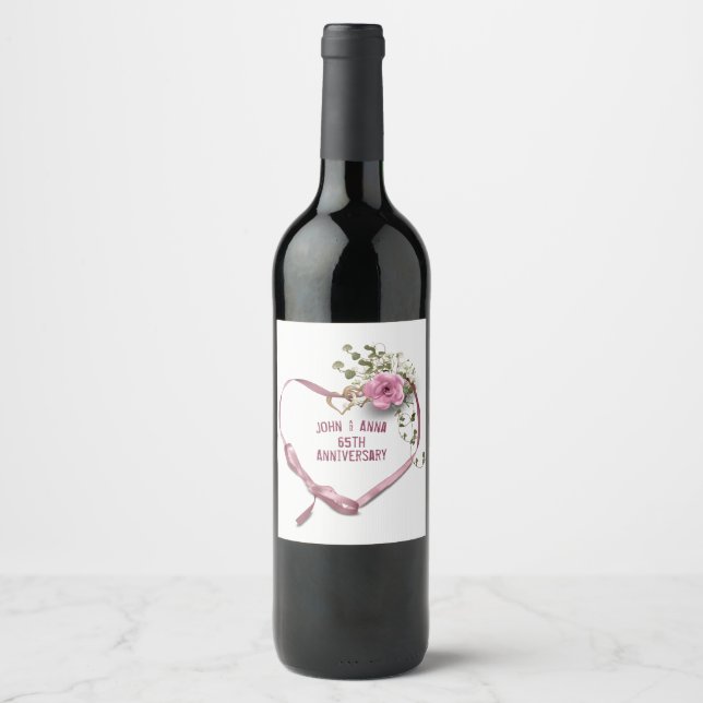 65th Anniversary Pink Heart Ribbon Wine Label (Front)