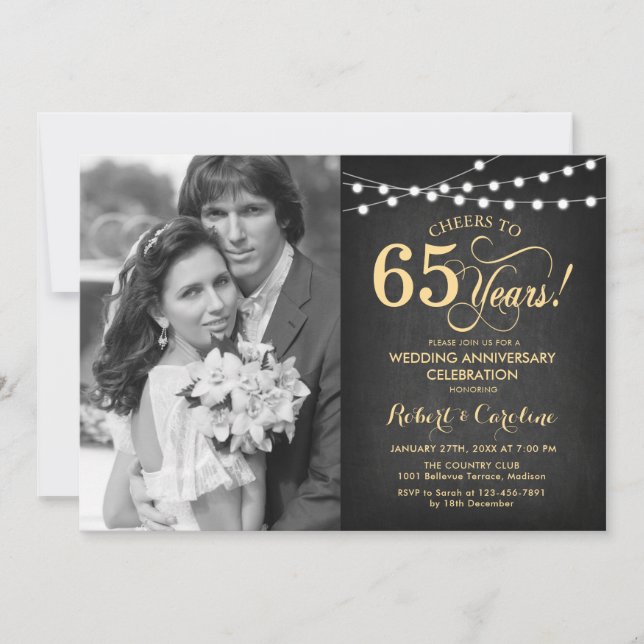 65th Anniversary with Photo - Chalkboard and Gold Invitation (Front)