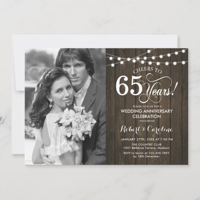 65th Anniversary with Photo - Rustic Wood Invitation (Front)