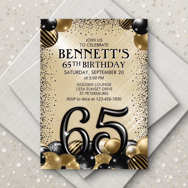 65th Balloons Black Gold Birthday Invitation (Creator Uploaded)