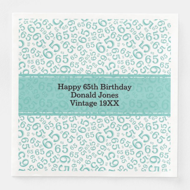 65th Birthday Age Number Pattern Teal/White Napkin (Front)