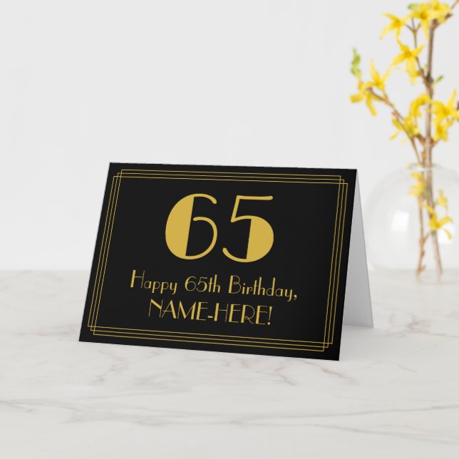 65th Birthday: Art Deco Inspired Look "65" + Name Card (Yellow Flower)