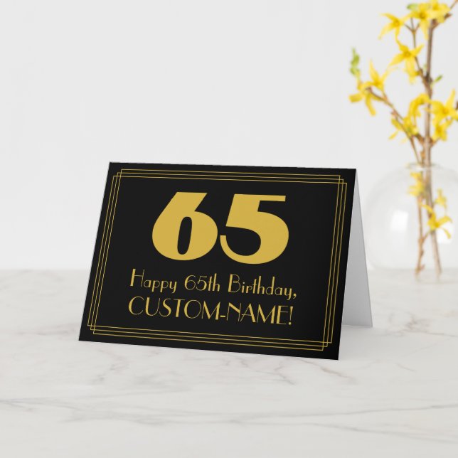 65th Birthday: Art Deco Inspired Look "65" & Name Card (Yellow Flower)