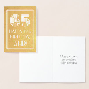65th Birthday – Art Deco Inspired Look "65" + Name Foil Card
