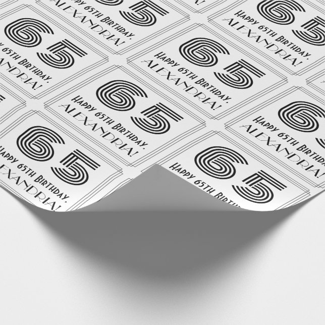 65th Birthday: Art Deco Inspired Style "65" + Name Wrapping Paper (Corner)