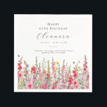 65th Birthday August Birth Month Flower Gladiolus Napkin<br><div class="desc">Perfect table decor for an August birthday party. Pink gladiolus is the birth flower for that month. It forms a pretty watercolor bottom border on this floral personalised napkin. The birthday guest of honour's name, age and birthdate are placed above it using elegant calligraphy and typography. All text is editable....</div>