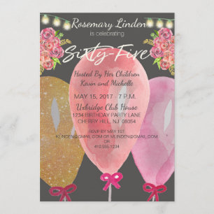 65th Birthday Balloons Flowers and Lights Invite