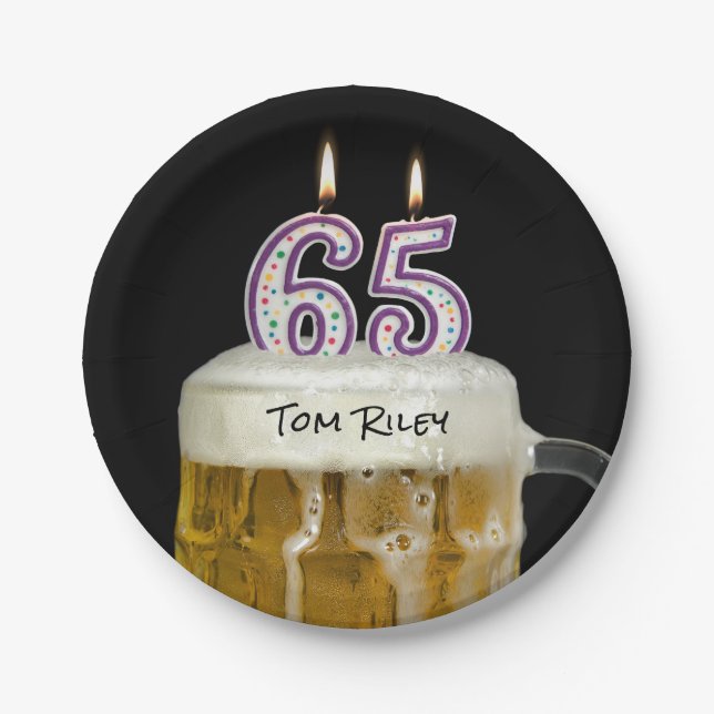65th birthday beer with candles paper plate (Front)