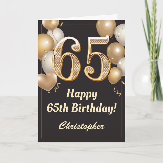 65th Birthday Black and Gold Balloons Confetti Card (Front)