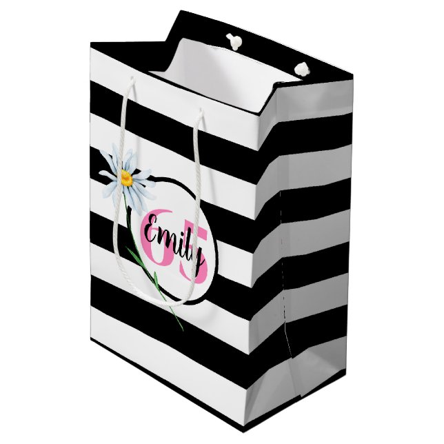 65th Birthday Black And White Stripes Medium Gift Bag (Front Angled)