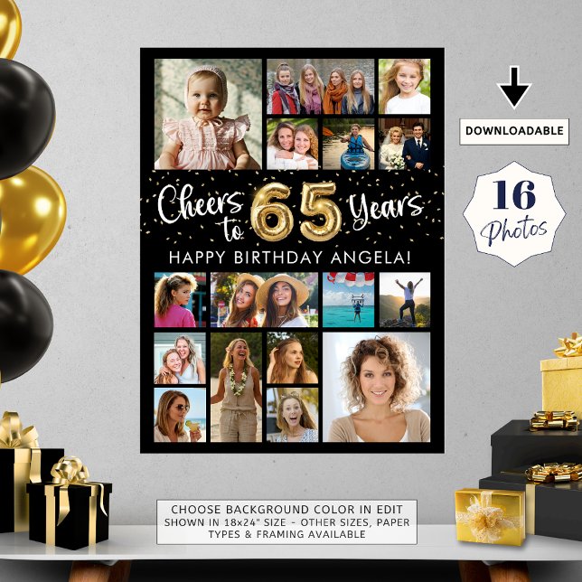65th Birthday Black Gold 16 Photo Cheers to Years Poster (Creator Uploaded)