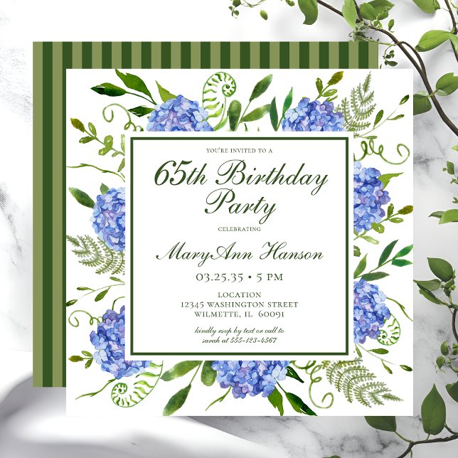 65th Birthday Blue Hydrangeas Script Invitation (Creator Uploaded)
